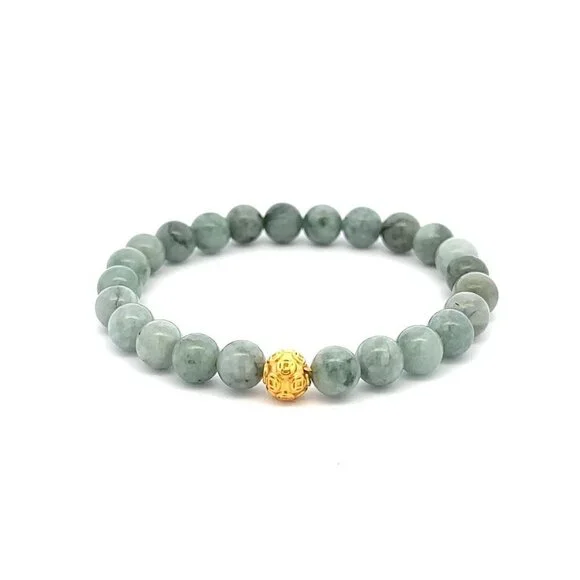 18K Gold Money Ball Lucky Bracelet Gemstones Natural Burmese Jade 6mm - Picture 1 of 5